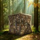 3-person portable pop-up hunting tent with camouflage design, featuring gun ports and durable weather-resistant fabric.