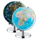 Illuminated 3-in-1 world globe set with geographical and constellation maps, featuring a stable chrome stand for.