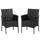 Two black patio wicker chairs with cozy seat cushions, designed for outdoor comfort and stability, perfect for gardens.