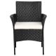 Black patio wicker chair with cozy white seat cushion, featuring a sturdy steel frame and curved armrests for outdoor.