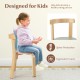 Kids wooden chair with ergonomic curve, designed for healthy posture, part of a multi-color activity table set.