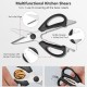 Multifunctional kitchen shears with ergonomic handle, featuring nut cracker and bottle opener for versatile kitchen use.