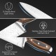 Close-up of the stainless steel blade with a 15-degree bevel and ergonomic wood handle, ideal for precise cutting.