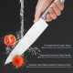 Stainless steel chef's knife with ergonomic handle, showcasing sharp blade and splashing tomato for kitchen use.