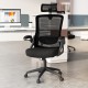 Ergonomic black adjustable swivel task chair with lumbar support and flip-up armrests for office use.
