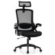 Ergonomic adjustable swivel task chair in black with lumbar support, flip-up armrests, and height-adjustable headrest.