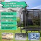 10-foot black trampoline with UV-resistant mat, safety pad, and rustproof steel frame, ideal for outdoor fun.