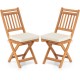 Set of 2 patio folding chairs in natural acacia wood with soft seat cushions, ideal for backyard and poolside.