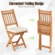 Patio folding chair set of 2 in natural acacia wood with soft seat cushions, ideal for backyard and poolside use.