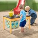 Kids playing with the 3-in-1 sand water activity table featuring a removable racing tabletop and foldable storage bin.