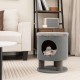 Cozy gray 3-in-1 cat condo stool with scratching posts and plush ball toy, perfect for resting and play.