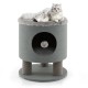 Gray 3-in-1 cat condo stool with plush top, scratching posts, and dangling ball toy for cozy cat relaxation.