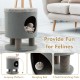 3-in-1 gray cat condo stool with scratching posts, plush ball toy, and spacious resting area for playful felines.