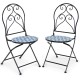 Two patio folding bistro chairs with blue floral mosaic seats, featuring a sturdy steel frame for outdoor use.