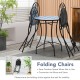 Two patio folding chairs with blue floral mosaic pattern, featuring a sturdy steel frame for outdoor use.