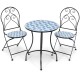 Two folding bistro chairs with blue floral mosaic pattern and a round table, perfect for outdoor patio relaxation.