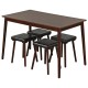 Compact dining set with a brown tabletop and four upholstered stools, perfect for small spaces and versatile use.