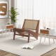 Mid-century modern accent table with a natural rattan drawer, solid wood legs, and spacious tabletop for decor.