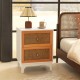 Boho accent table nightstand with two handwoven rattan drawers and solid wood legs, perfect for bedroom storage.