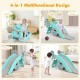 4-in-1 blue rocking horse and slide set for kids, featuring sliding, swinging, basketball, and ring-toss activities.