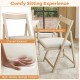 Folding upholstered dining chair with curved backrest and beige linen fabric, designed for comfort and easy storage.