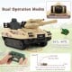 Khaki 12V electric kids ride-on tank with rotatable turret, 8 missiles, and dual control modes for safe driving.