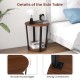 Round end table with walnut finish, featuring a smooth top, open shelf, and sturdy metal frame for stylish home decor.