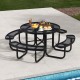 Round black picnic table with four benches, featuring an umbrella hole, perfect for outdoor gatherings by the pool.