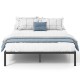 Queen size metal bed frame featuring a sleek front view with a minimalist design and sturdy support slats for stability.
