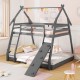 Twin over queen wooden bunk bed in gray with climbing net, ramp, and safety guardrails for kids' fun and safety.