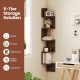 5-tier corner shelf in rustic brown, ideal for books and plants, maximizing small spaces with wall-mounted design.