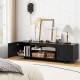 Black TV stand with power outlet, featuring 2 side cabinets, open shelves, and cable management for organized media.
