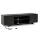 Black TV stand with power outlet, featuring 2 side cabinets, open shelves, and cable management for 65-inch TVs.
