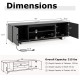Dimensions of the black TV stand with power outlet, featuring a 60" tabletop, 2 shelves, and cable management holes.