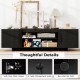 Black TV stand featuring soft close metal hinges, cable management holes, and non-slip foot pads for stability and.