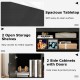 Black TV stand featuring a spacious tabletop, 2 open storage shelves, and 2 side cabinets for organized media storage.