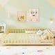 Montessori bed frame with full-length guardrails and safety door, crafted from natural solid wood for children's safety.