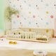 Montessori bed frame with full-length guardrails in natural wood, promoting independence and safety for children.