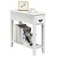 Narrow white 2-tier end table with drawer and lower shelf, made of P2 MDF and rubber wood, perfect for small spaces.