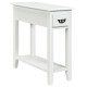 White narrow end table featuring a spacious top and elegant handle, perfect for use in bedrooms or living rooms.