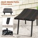 Brown outdoor ottoman with ergonomic curved seat and sturdy metal legs, perfect for patio and poolside relaxation.