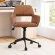Mid Century office chair in brown faux leather with armrests, featuring height adjustment and smooth casters for.