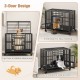 Foldable heavy-duty metal dog cage with three lockable doors and universal wheels for easy mobility and access.