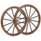 Set of 30-inch decorative wooden wagon wheels with natural wood grain, perfect for garden or rustic wall decor.
