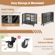 Foldable heavy-duty metal dog cage with lockable wheels, designed for easy storage and safe indoor/outdoor use.