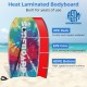 Lightweight bodyboard with multicolor design, XPE deck, EPS core, and HDPE bottom for speed and control at the beach.
