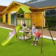 Kids enjoying the 7-in-1 outdoor metal playset with slide, swings, and climbing rope in a vibrant green color.
