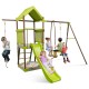 Kids outdoor metal playset with green wave slide, swings, climbing rope, and safety features for interactive playtime.