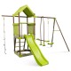 Kids outdoor metal playset in green featuring a wave slide, adjustable swing, climbing rope, and safety nets for fun.
