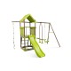 Kids outdoor metal playset with green wave slide, climbing rope, and adjustable swing for interactive play and safety.